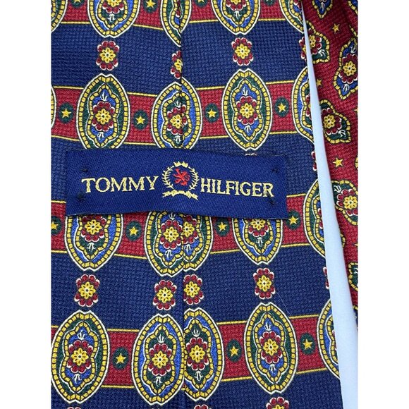 Tommy Hilfiger Reversible Silk Tie With Floral Medallion Print Navy & Red - Picture 5 of 7